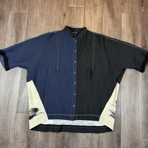 Ozai N Ku Black Blue Brush Stroke Top Shirt Boxy Oversized Art to Wear sz 1